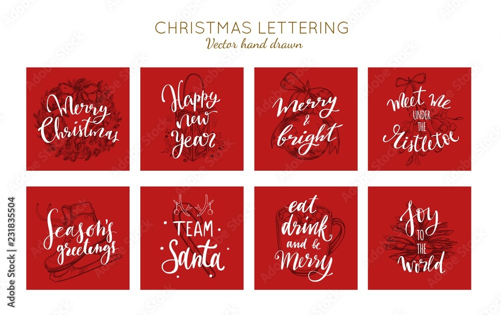 Christmas and New Year posters and labels vector collection. Merry Christmas handwritten Lettering Christmas and New Year posters and labels vector collection. Merry Christmas handwritten Lettering