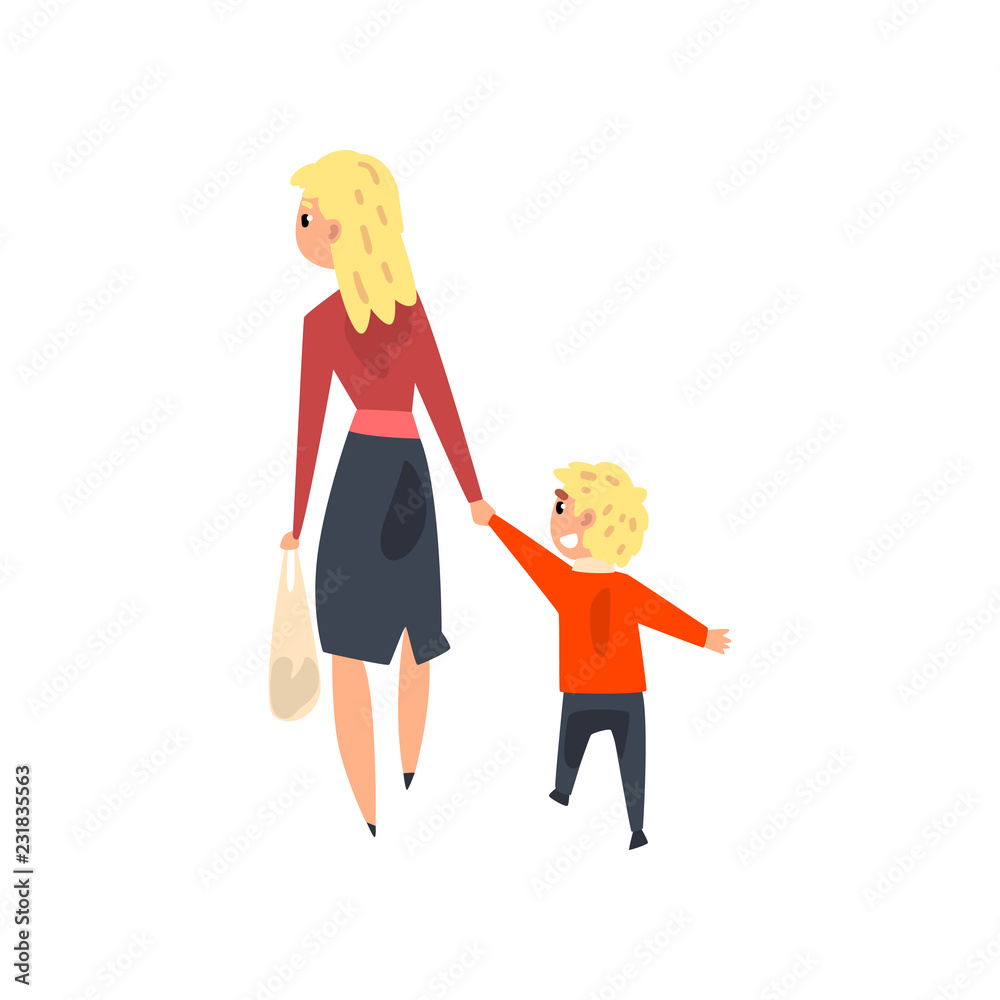 Mom and her little son walking holding hands, back view vector Illustration on a white background Mom and her little son walking holding hands, back view vector Illustration on a white background