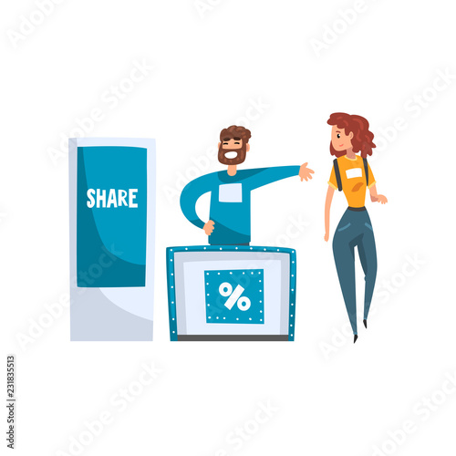 Cheerful male advertiser or promoter character advertising products or services on a stand, girl visiting a trade show exhibition vector Illustration on a white background