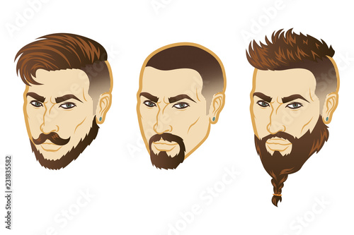 Set of Vector men face hipster head with haircuts. For avatars, emblems and icons, labels