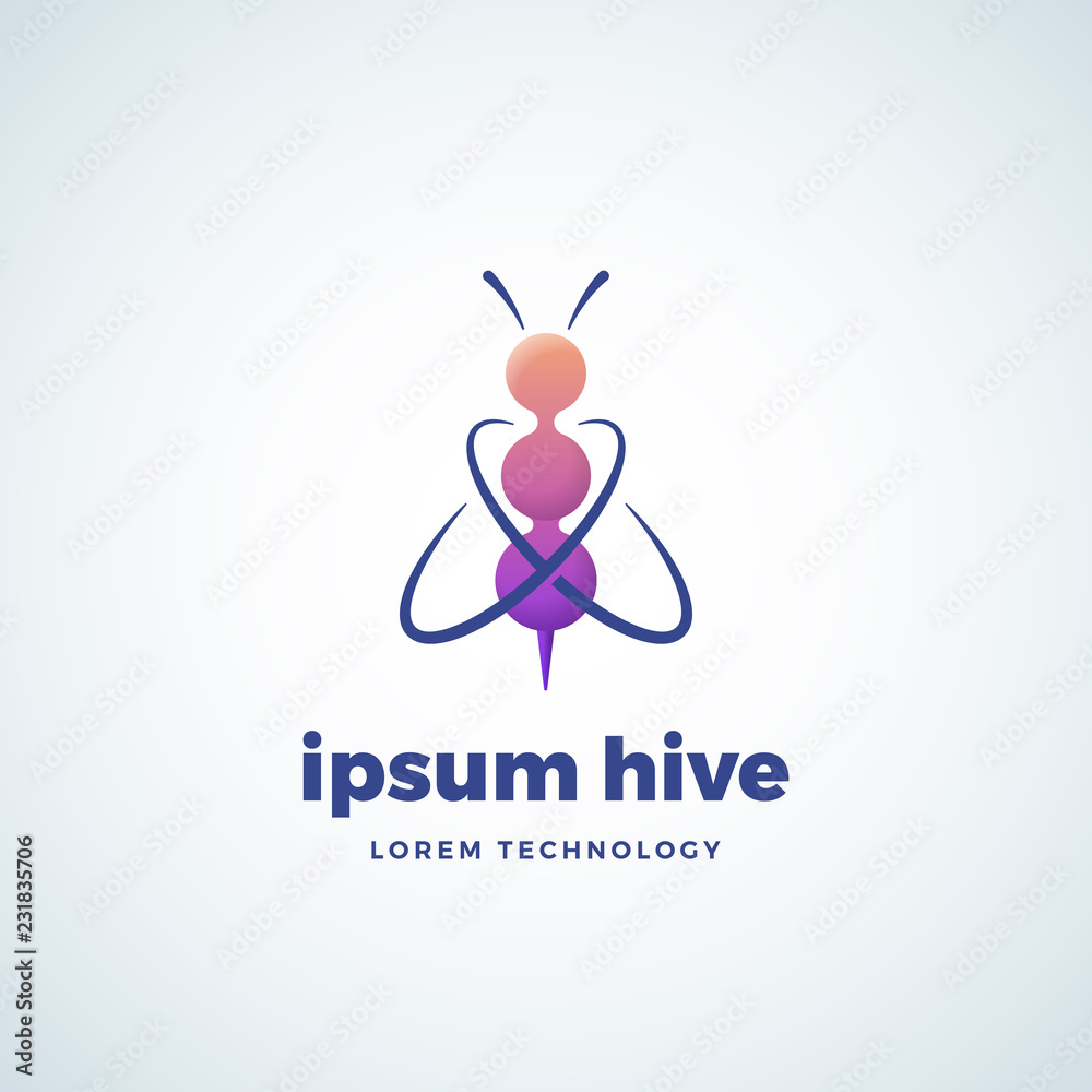 Lorem Ipsum Hive Technology Absrtract Vector Sign, Symbol or Logo Template. Bee Silhouette of Conected Spheres Chain Gradient Icon with Orbits as Wings and Modern Typography.