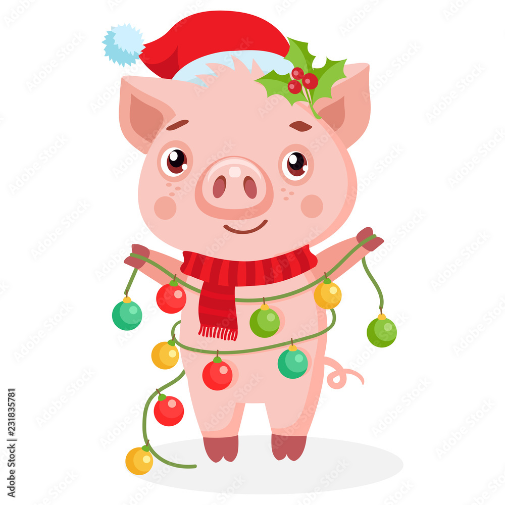 Naklejka premium Cute Cartoon Happy Pig In Santa Hat On White Background. Cute Funny Cartoon Character. Little Pig Holding New Year Garland Vector Illustration. Chinese New Year, Holiday Symbol.