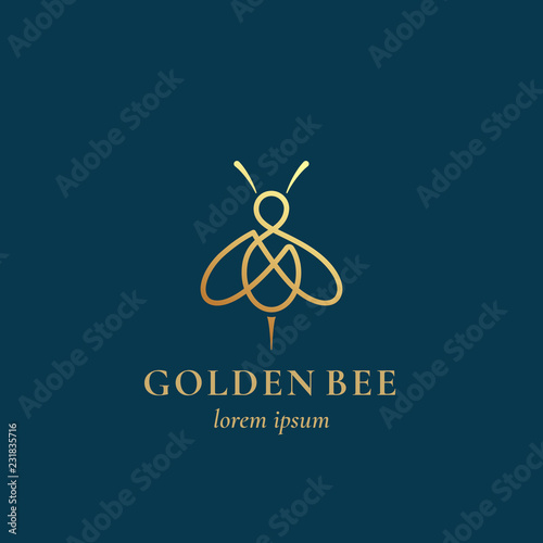 Golden Bee Abstract Vector Sign, Symbol or Logo Template. Line Style Honey Bee Sillhouette with Retro Typography. Creative Insect Emblem.