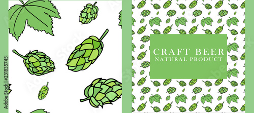 Hop (Humuluss). Beer hops - cones and leaf. Hand drawing. Seamles pattern and card with text "Craft beer - Natural product". Vector.