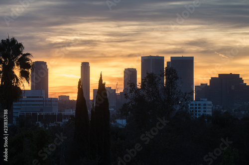 Los Angeles city skyline at sunset