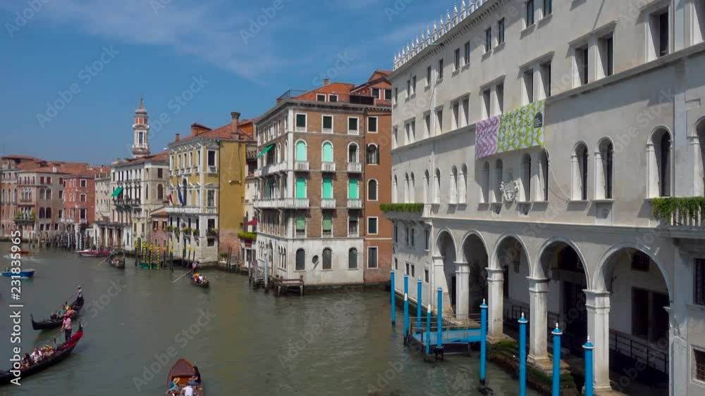 Gondola and boat with tourists sails on the canal in Venice Gondola and boat with tourists sails on the canal in Venice