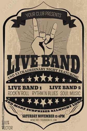 Vintage Rock festival poster, flyer with Rock and Roll hand sign. Rock Night Party on grunge background. EPS 10