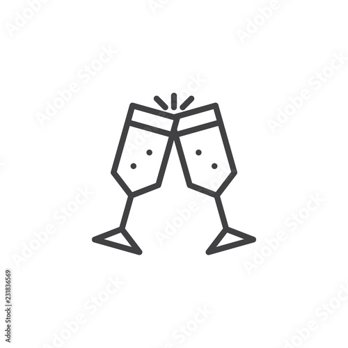 Two glasses with champagne outline icon. linear style sign for mobile concept and web design. Cheers, Glasses clinking line vector icon. Symbol, logo illustration. Vector graphics