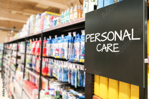 Tableau sur toile Personal care household grocery categoy aisle at supermarket