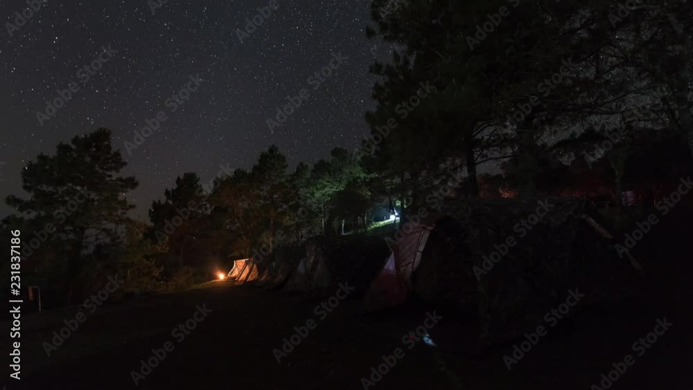 4K Timelapse : Star movement above The Campground at Doi Pha Hom Pok, Chiangmai Province, Thailand.