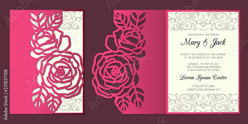 Laser cut wedding invitation card template with roses patterned border. Wedding or greeting card template for cutting.