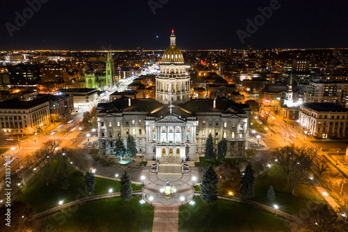 Downtown Denver Night Aerial Photo Capitol City