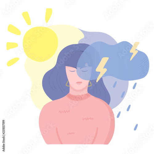 Mental problem illustration. Girl depressed, with bipolar disorder, fast changing mood. Mental health weather concept. Vector illustration, cartoon flat style.