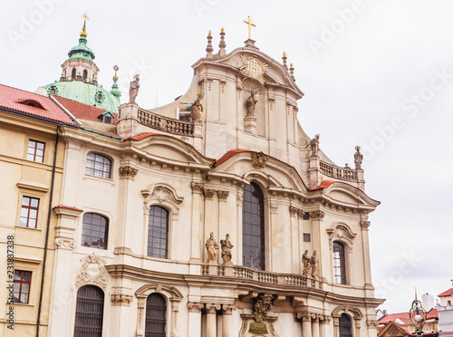 Fragment of Church of Saint Nicholas. Baroque church in Mala Strana district of Prague. Czech Republic