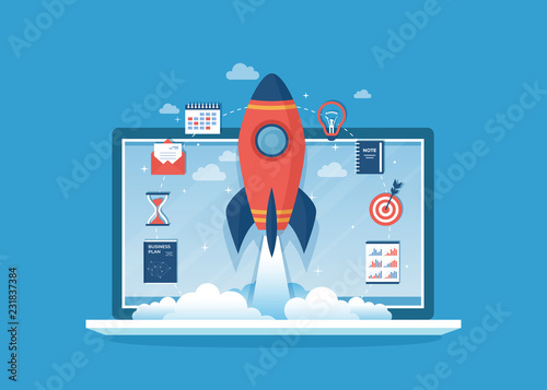 Business project startup, financial planning, idea, strategy, management, realization, success.Rocket launch,  business plan, documents, hourglass, target, to do list, calendar on laptop screen Vector