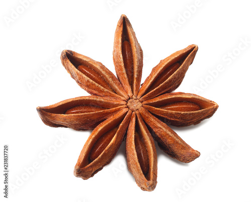 Top view of dry star anise fruit and seeds isolated on white