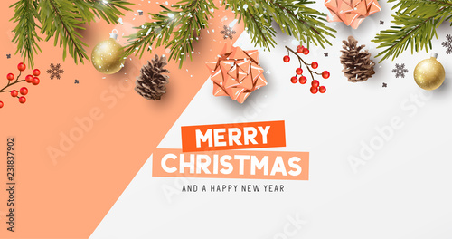 Vector christmas composition with fir branches, bows and decorations. Illustration.