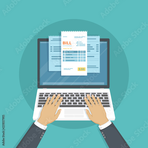 Online payment service. Checks and bills on the laptop screen. Man hands on the keyboard. Internet banking concept. Online paying, bookkeeping, accounting. Vector illustration isolated.