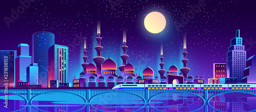 Vector background with night city illuminated with neon glowing lights. Muslim culture, Arabic or Turkish urban concept. Cityscape with big mosque and minarets, modern buildings, high skyscrapers
