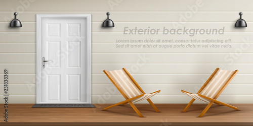 Vector realistic exterior background with veranda facade. Empty terrace with front door, white wall and wooden chaise lounge. Porch of country cottage, place for rest outdoor in private house