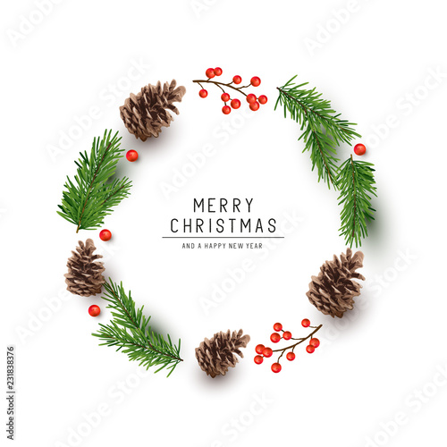 A round shaped Christmas frame made with fir branches, pine cones and red berries. Flat lay vector illustration
