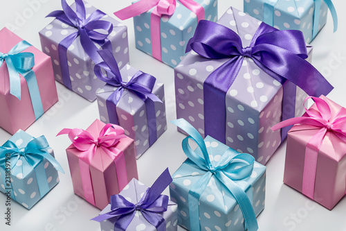Set of various gifts in elegant paper. Presents for birthday, New Year and Christmas.