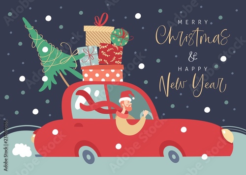 Merry christmas and happy new year greeting card with retro car and hand drawn lettering. Postcard or invitation template. Vector illustration