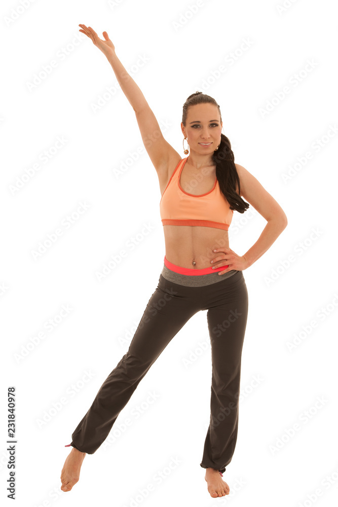 Young woman practice yoga standing isolated over white background Young woman practice yoga standing isolated over white background