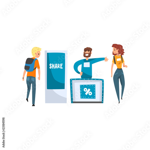 Male promoter character promoting advertisement on a stand, trade show exhibition vector Illustration on a white background