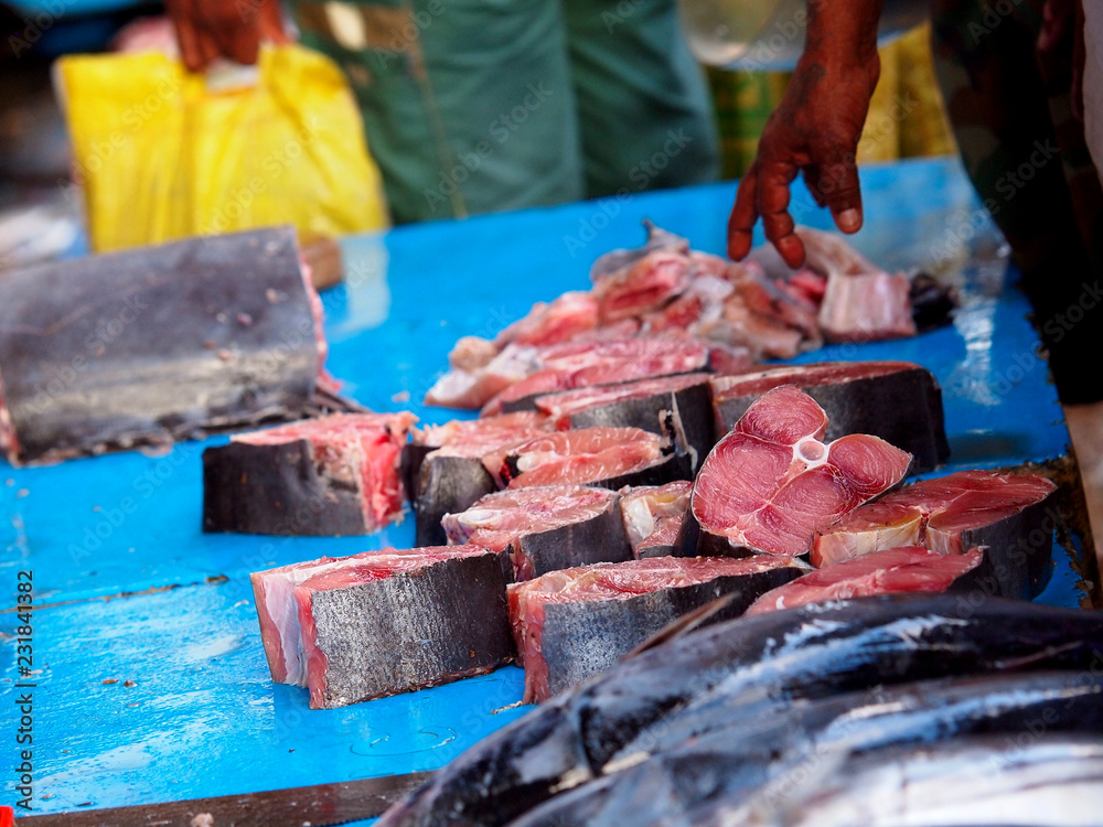 Huge pieces of cut tuna fish on the local market in Sri Lanka Huge pieces of cut tuna fish on the local market in Sri Lanka