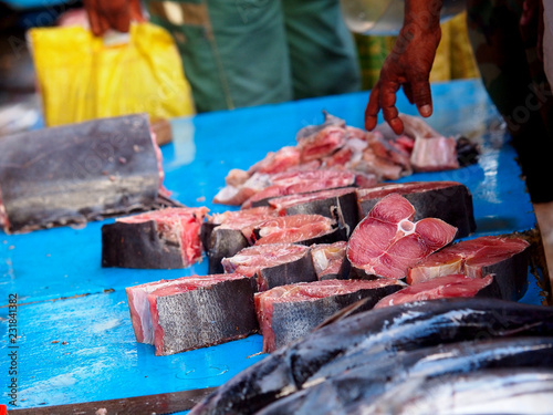 Huge pieces of cut tuna fish on the local market in Sri Lanka