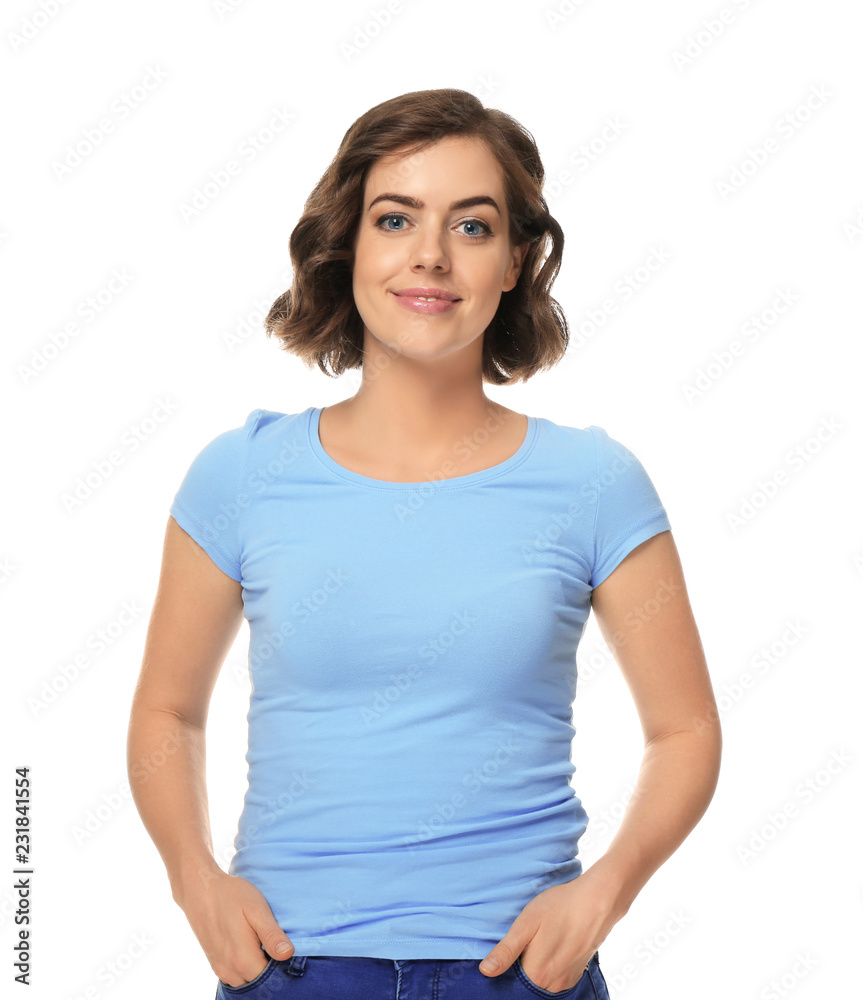 Portrait of beautiful young woman on white background Portrait of beautiful young woman on white background