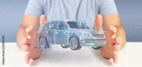 Man holding a Smartcar with checkings 3d rendering