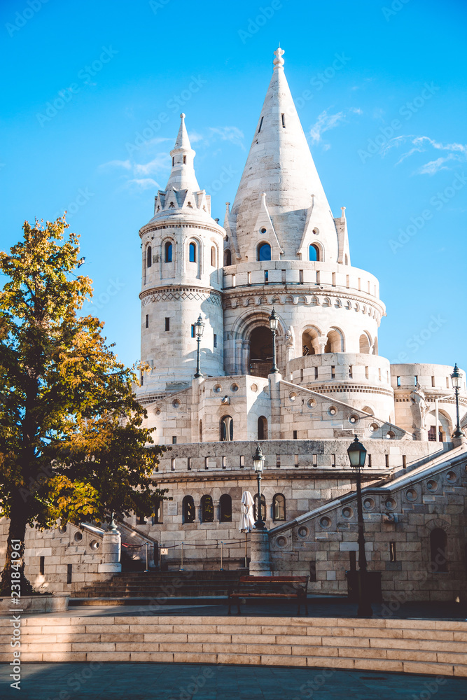 The White Towers of the Fishermans Bastion is a very popular touristic place in Budapest. Historical building in Hungary. Summer time, nobody