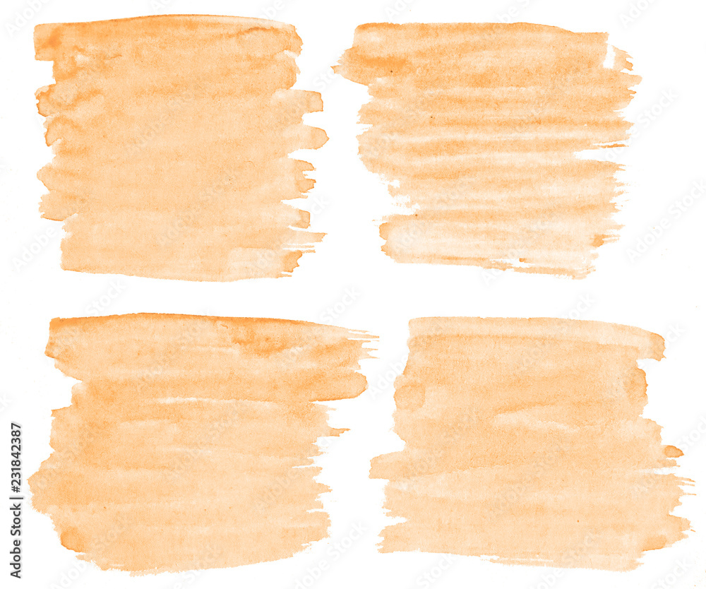 Light orange watercolor hand-drawn isolated wash stain on white background for text, design. Abstract texture made by brush for wallpaper, label.