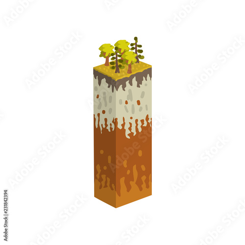 Geological section, stratigraphic column with cut of soil, grass, roots, rock and ground layers vector Illustration on a white background
