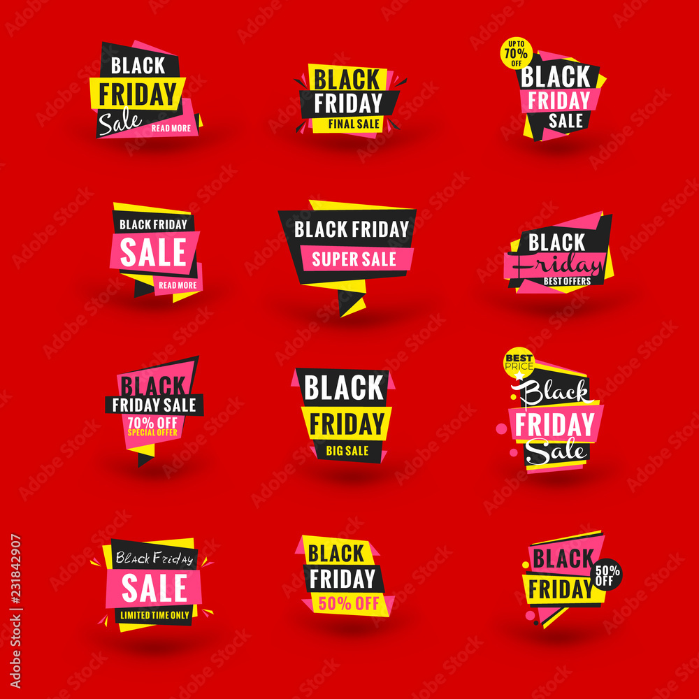 Set of Black Friday sale stickers. Discount banner. Special offer sale tag. Red and black color theme. Vector illustration.