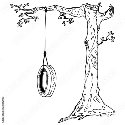 Children's swing on a tree branch. Hand drawn swing from the car tire.  Vector illustration wheel tied to a tree branch. photo