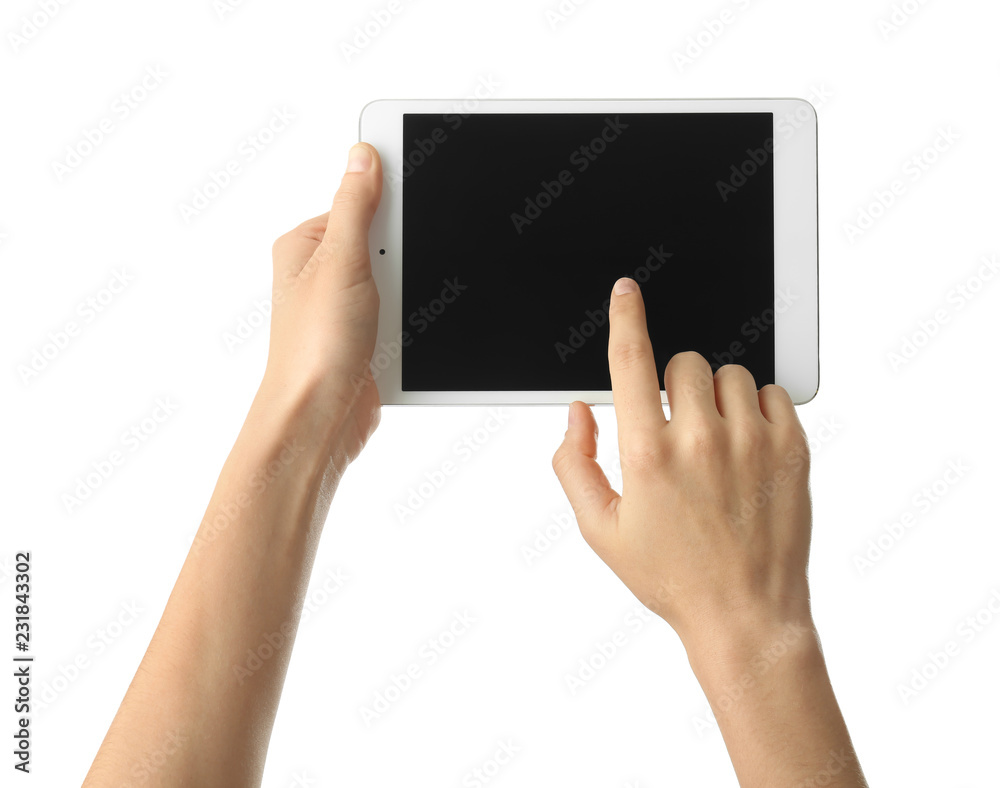 Young woman using tablet PC on white background Young woman using tablet PC on white background