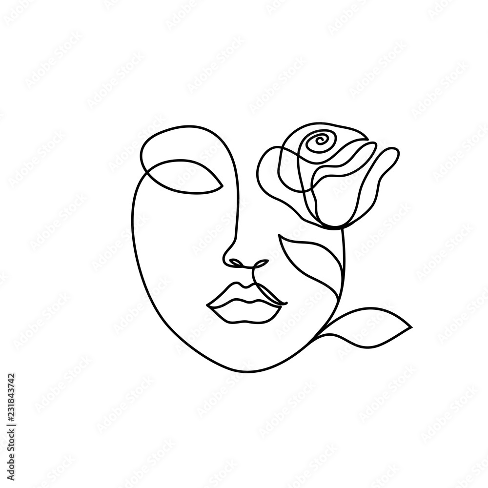 Abstract beauty woman face with rose. Continuous line drawing