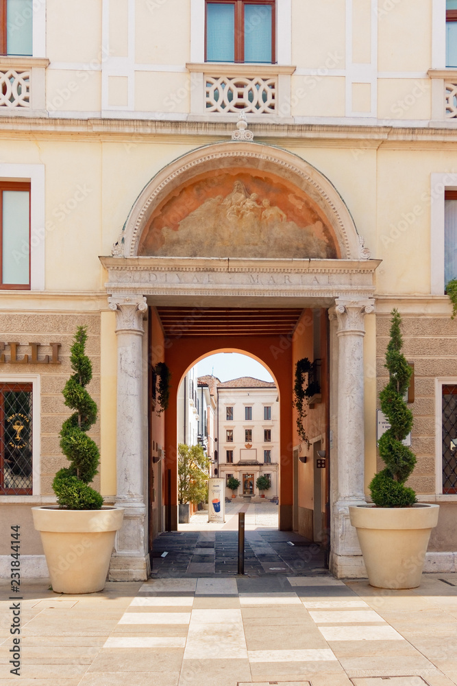 Treviso, Italy August 7, 2018: Beautiful street with old buildings. Treviso, Italy August 7, 2018: Beautiful street with old buildings.