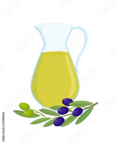 Jug of olive oil and olive branches