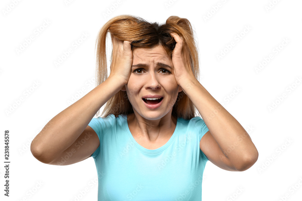 Woman having panic attack on white background Woman having panic attack on white background