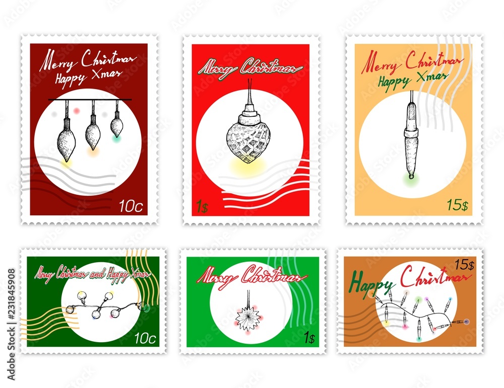 Merry Xmas, Post Stamps Set of Illustration Hand Drawn Sketch of Various Style of Lovely Christmas Lights, One of The Most Often Seen Symbols of Christmas. 