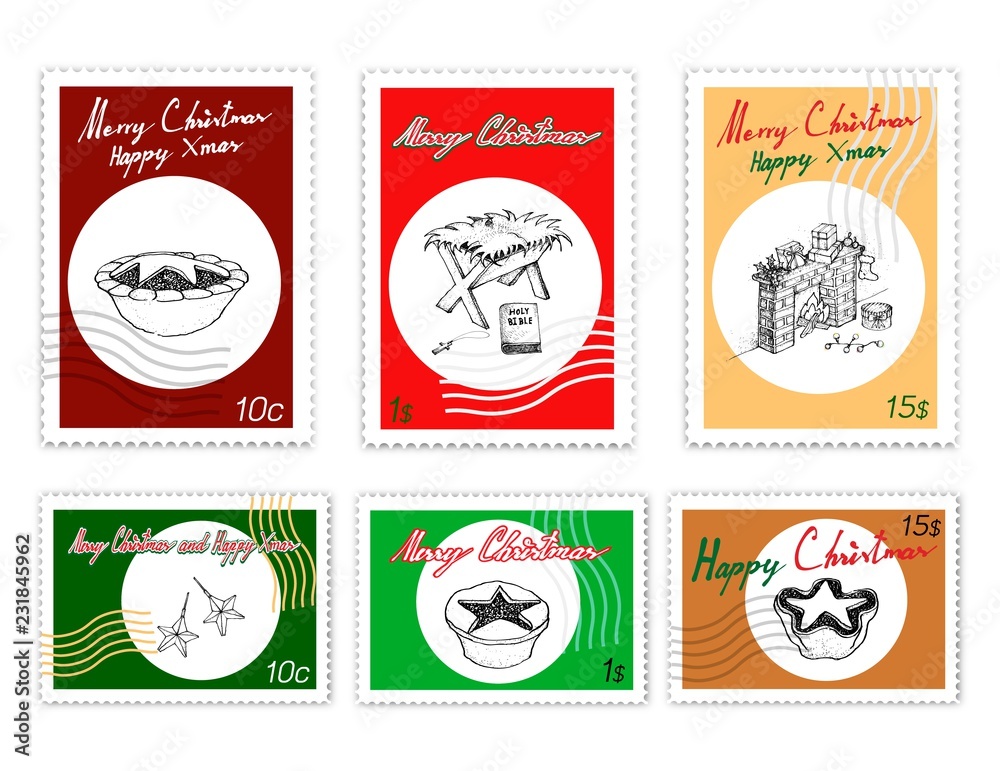 Merry Xmas, Post Stamps Set of Illustration Hand Drawn Sketch of Various Style of Mince Pies, Manger and Fireplace. Sign for Start Christmas Celebration. 