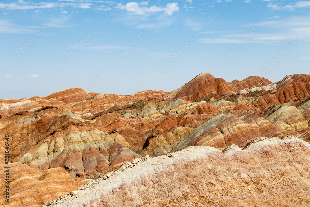 Danxia Feng, or Colored Rainbow Mountains, in Zhangye, Gansu, China. Here the view from the Sea of Clouds observation deck