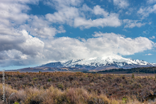 Snowy peak of Mount Ngauruhoe under a blue sky