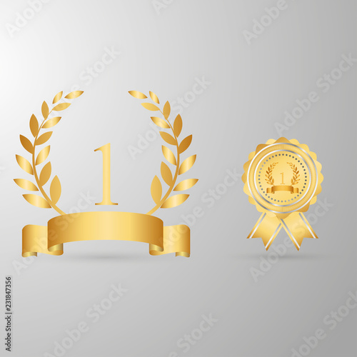 Prize. Trophy icons set. Gold award laurel wreath. Beautiful golden trophy cups and awards of different shape realistic set
