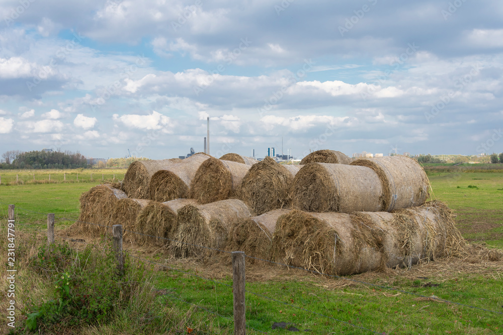 large hay bales with an industrial park in the background