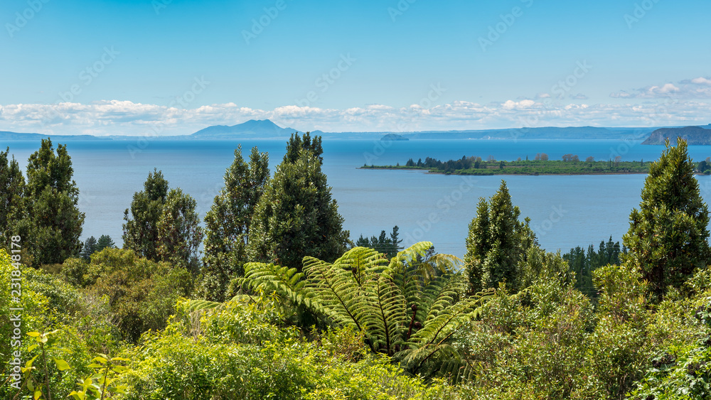 Blue waters of lake Taupo as seen from State Highway 41